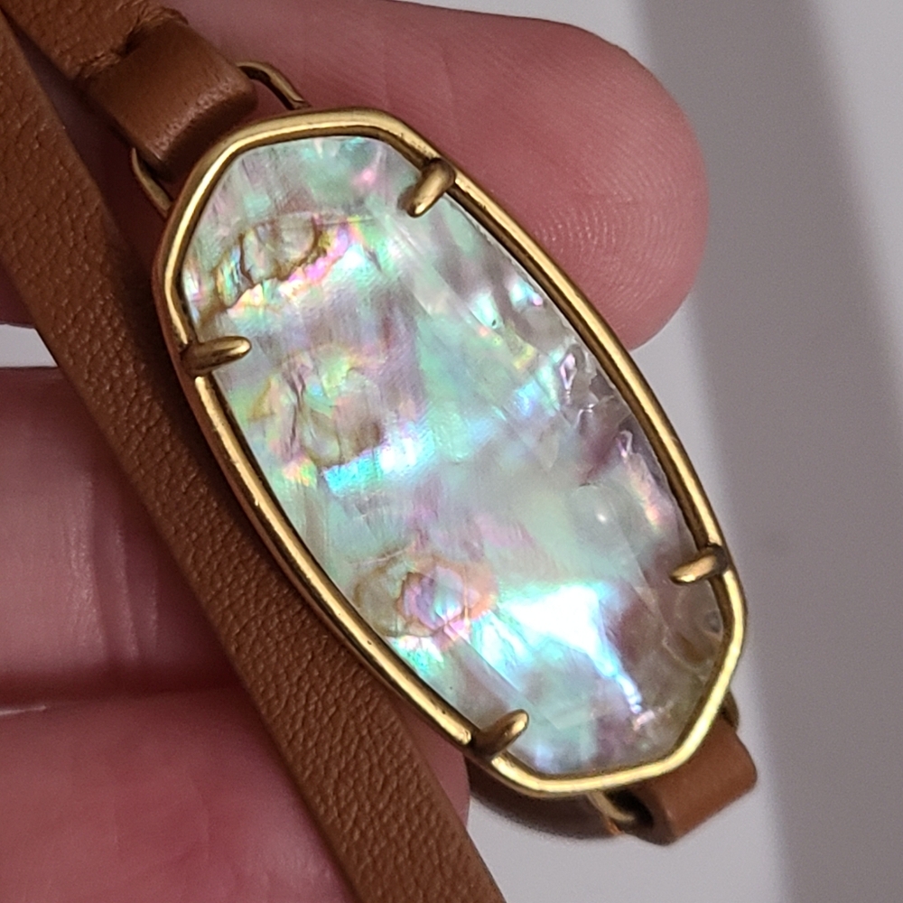 NWT Kendra Scott ELLE lilac Abalone Wrap Bracelet Tan Leather Framed Gold